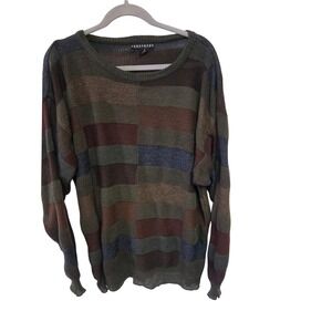 Consensus Patchwork Knit Sweater Long Sleeve Crew Neck Olive Blue Mens L